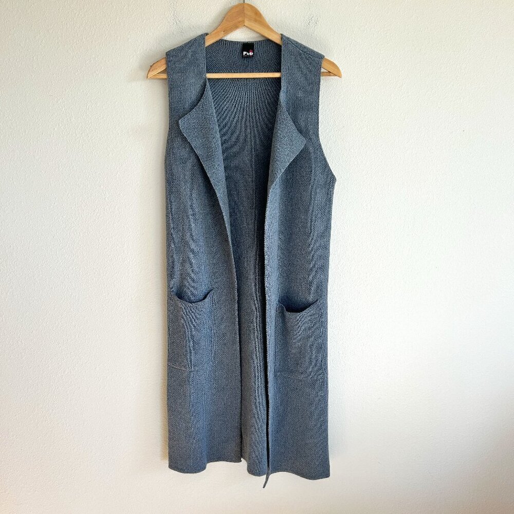PHO Italy Sweater Blue Duster Knit Cardigan Open Front Pockets Classic